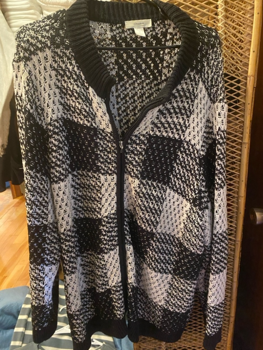 C.J. Banks Black & White Plaid Zip Cardigan Sweater | Women’s Plus Size - Picture 5 of 7